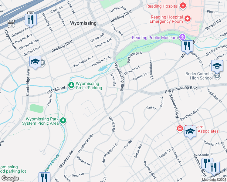 map of restaurants, bars, coffee shops, grocery stores, and more near 8 Cardinal Road in Wyomissing