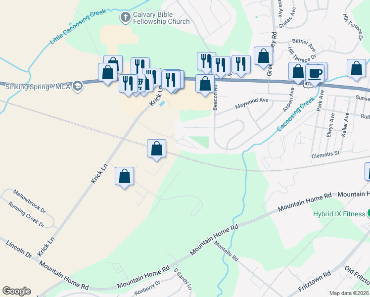map of restaurants, bars, coffee shops, grocery stores, and more near 209 Caramist Circle in Sinking Spring