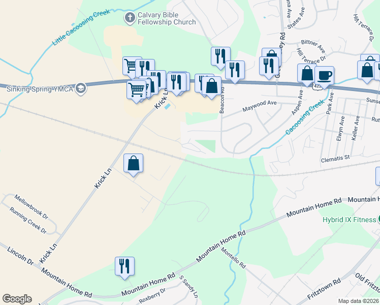 map of restaurants, bars, coffee shops, grocery stores, and more near 209 Caramist Circle in Sinking Spring