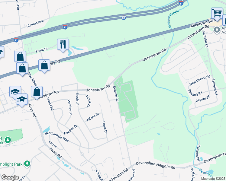 map of restaurants, bars, coffee shops, grocery stores, and more near 104 Deaven Road in Harrisburg