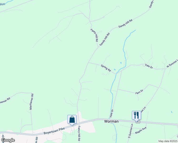 map of restaurants, bars, coffee shops, grocery stores, and more near 357 Fancy Hill Road in Boyertown