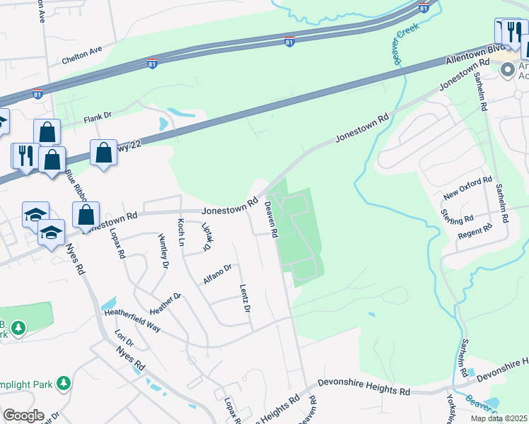 map of restaurants, bars, coffee shops, grocery stores, and more near 104 Deaven Road in Harrisburg
