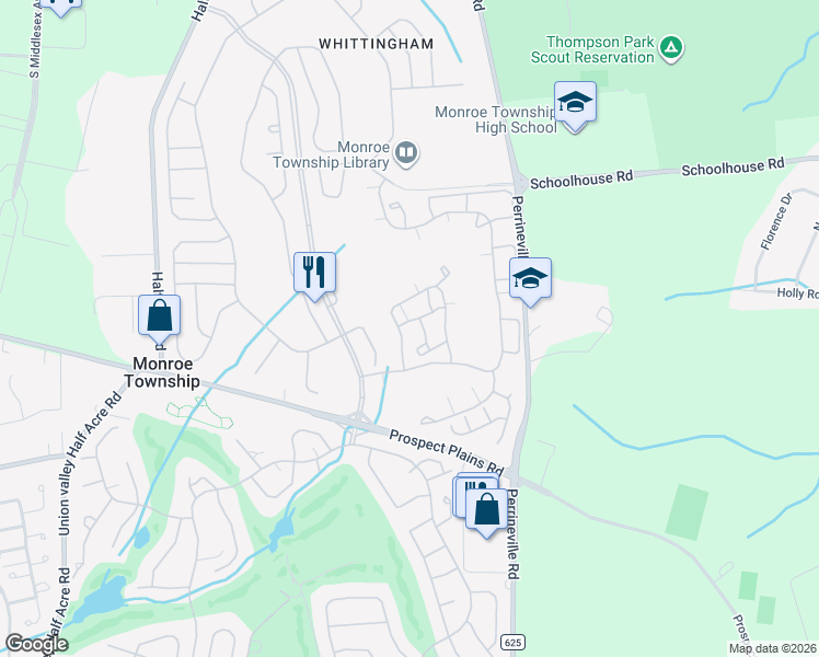 map of restaurants, bars, coffee shops, grocery stores, and more near 43 Winthrop Road in Monroe Township
