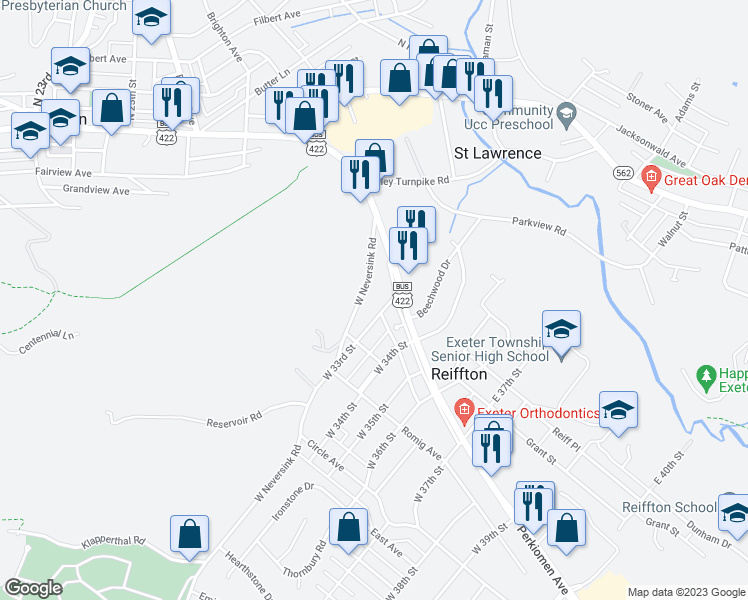 map of restaurants, bars, coffee shops, grocery stores, and more near 10 West 33rd Street in Reading