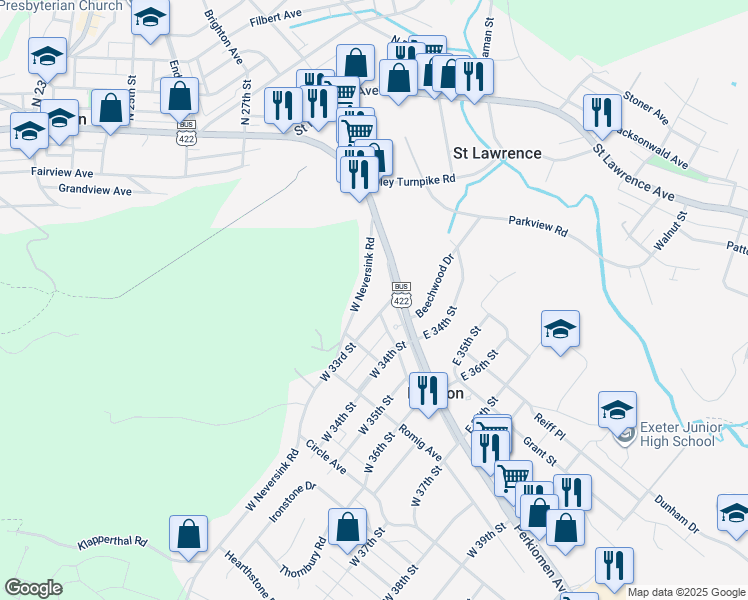 map of restaurants, bars, coffee shops, grocery stores, and more near 10 West 33rd Street in Reading