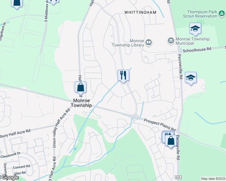 map of restaurants, bars, coffee shops, grocery stores, and more near 12 Chichester Road in Monroe Township