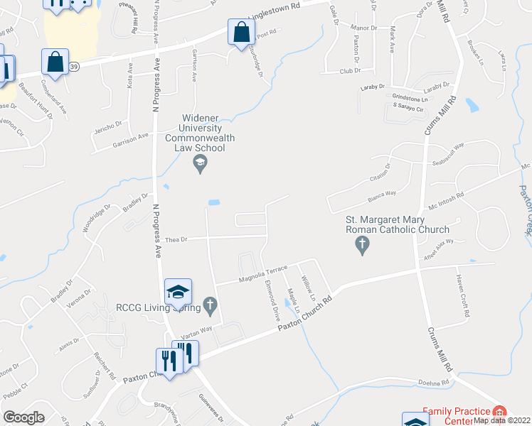 map of restaurants, bars, coffee shops, grocery stores, and more near 3910 Birchwood Circle in Harrisburg