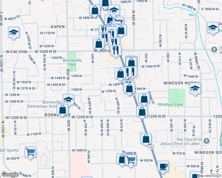 map of restaurants, bars, coffee shops, grocery stores, and more near 1415 North 580 West in Orem