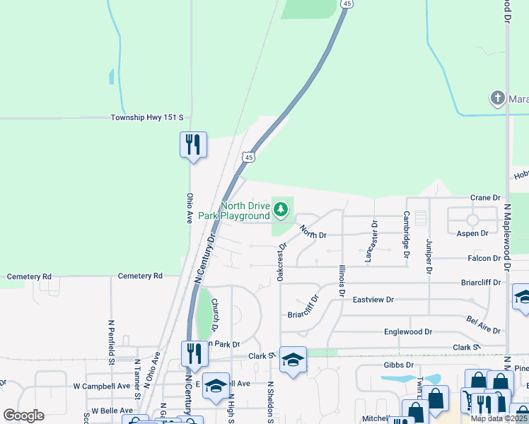 map of restaurants, bars, coffee shops, grocery stores, and more near 361 North Drive in Rantoul