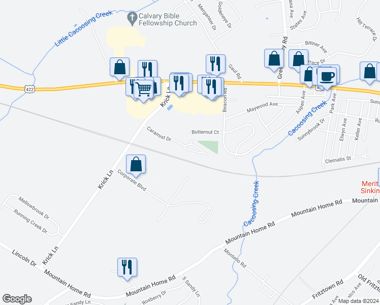 map of restaurants, bars, coffee shops, grocery stores, and more near 203 Caramist Circle in Sinking Spring