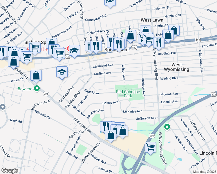 map of restaurants, bars, coffee shops, grocery stores, and more near 2529 Reading Boulevard in West Lawn