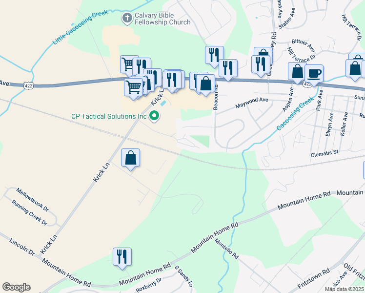 map of restaurants, bars, coffee shops, grocery stores, and more near 203 Caramist Circle in Sinking Spring