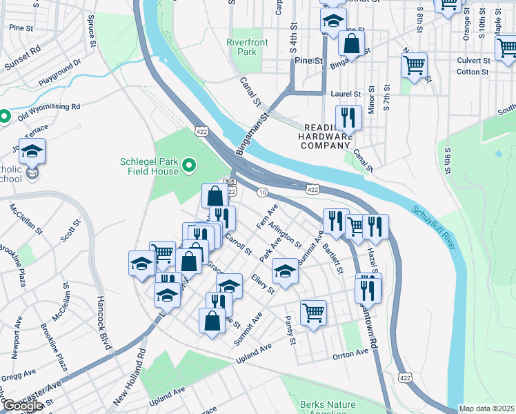 map of restaurants, bars, coffee shops, grocery stores, and more near 70 Morgantown Road in Reading