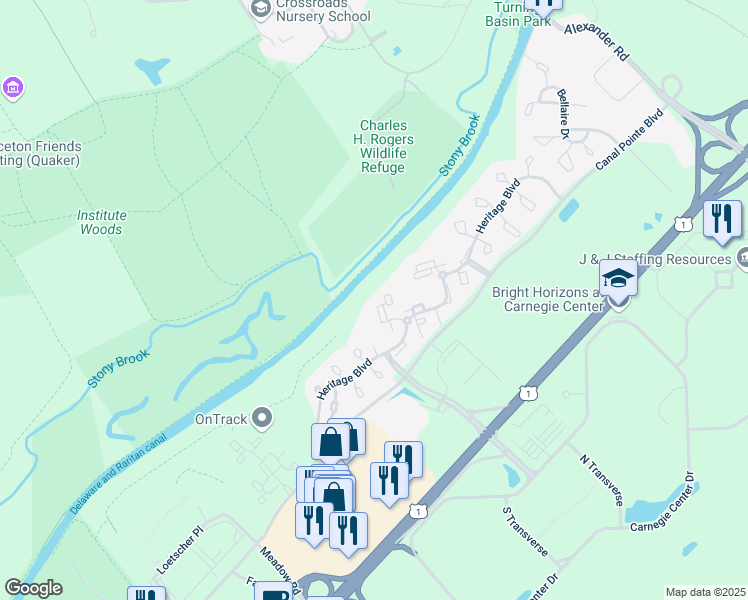 map of restaurants, bars, coffee shops, grocery stores, and more near 303 Trinity Court in Princeton