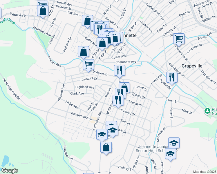 map of restaurants, bars, coffee shops, grocery stores, and more near 202 Chestnut Street in Jeannette