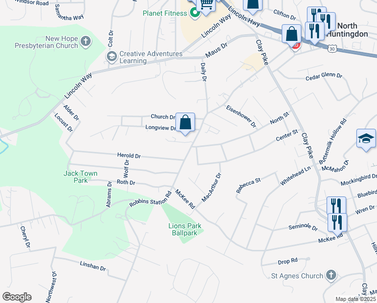 map of restaurants, bars, coffee shops, grocery stores, and more near 710 Robbins Station Road in Irwin
