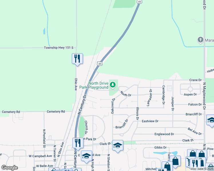map of restaurants, bars, coffee shops, grocery stores, and more near 361 North Drive in Rantoul