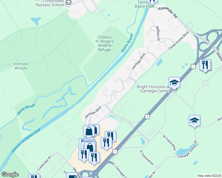 map of restaurants, bars, coffee shops, grocery stores, and more near 112 Lowell Court in Princeton