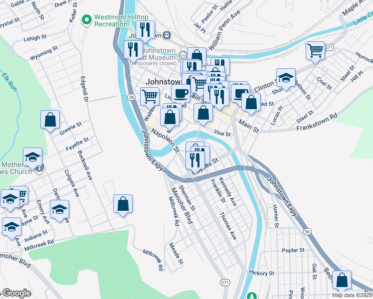 map of restaurants, bars, coffee shops, grocery stores, and more near Tech Park Drive in Johnstown
