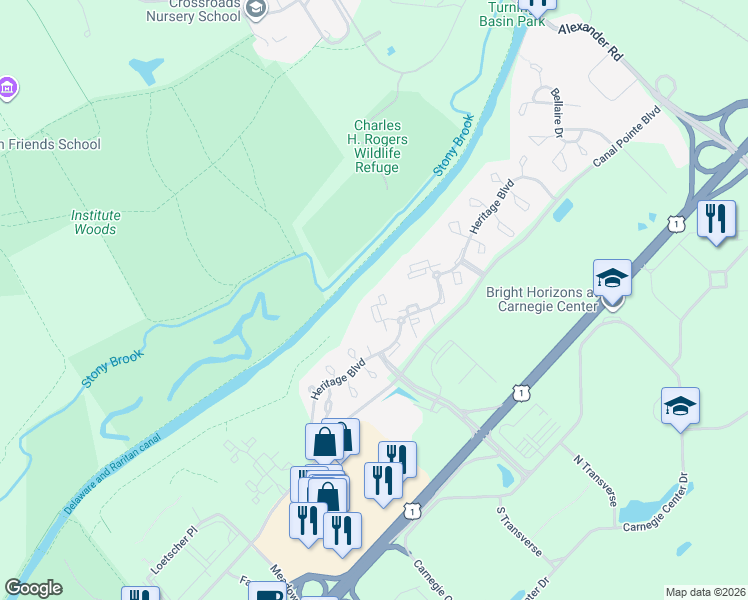 map of restaurants, bars, coffee shops, grocery stores, and more near 304 Trinity Court in Princeton