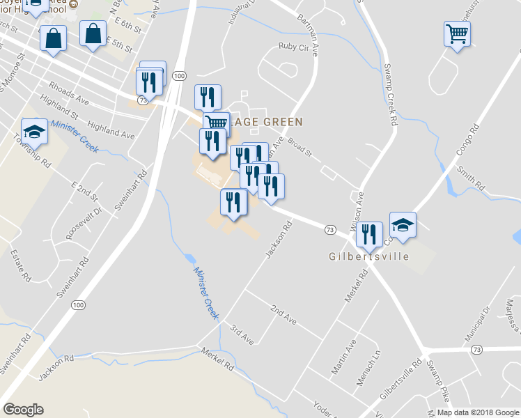 map of restaurants, bars, coffee shops, grocery stores, and more near 1128 East Philadelphia Avenue in Gilbertsville