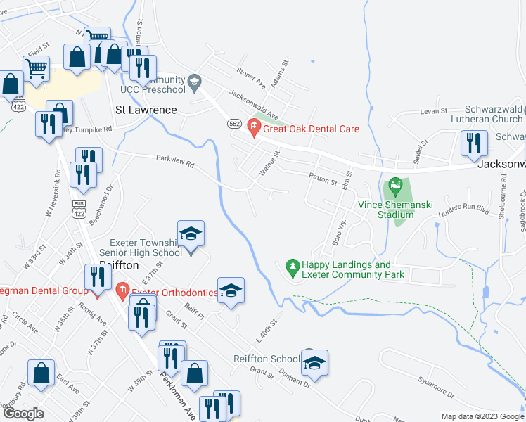 map of restaurants, bars, coffee shops, grocery stores, and more near 101 Maci Way in Reading