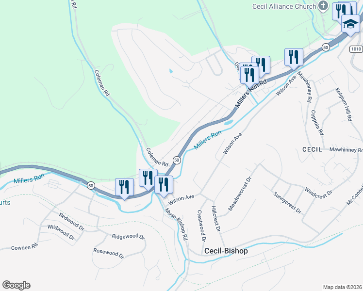 map of restaurants, bars, coffee shops, grocery stores, and more near 3344 Millers Run Road in Cecil-Bishop