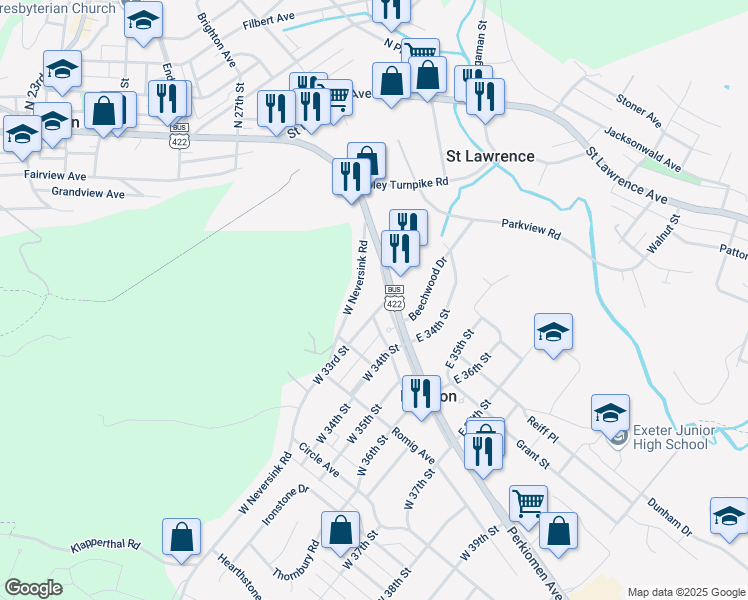 map of restaurants, bars, coffee shops, grocery stores, and more near 3230 Perkiomen Avenue in Reading