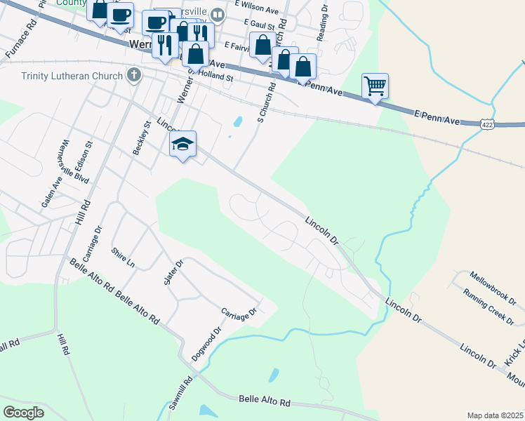 map of restaurants, bars, coffee shops, grocery stores, and more near 106 Delta Court in Wernersville