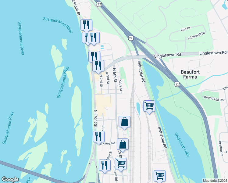 map of restaurants, bars, coffee shops, grocery stores, and more near 4318 North 6th Street in Harrisburg