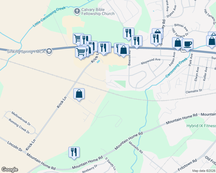 map of restaurants, bars, coffee shops, grocery stores, and more near 804 Caramist Circle in Sinking Spring