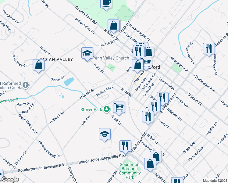 map of restaurants, bars, coffee shops, grocery stores, and more near 20 Ryan Ct in Telford