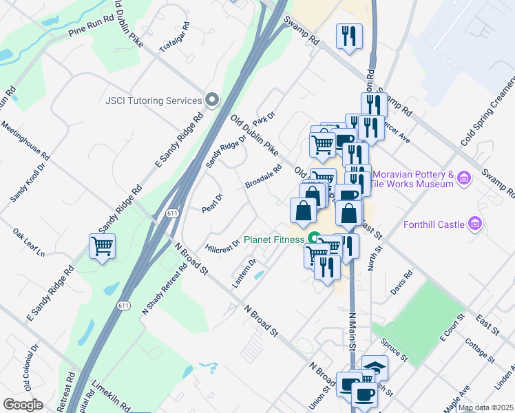 map of restaurants, bars, coffee shops, grocery stores, and more near 209 Murray Drive in Doylestown