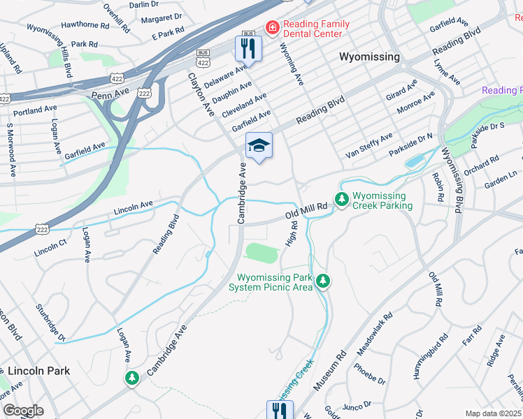 map of restaurants, bars, coffee shops, grocery stores, and more near 715 Old Mill Road in Reading