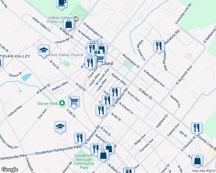 map of restaurants, bars, coffee shops, grocery stores, and more near 82 West Hamlin Avenue in Telford