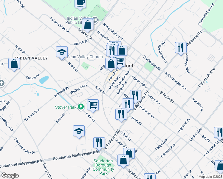 map of restaurants, bars, coffee shops, grocery stores, and more near 213 West Lincoln Avenue in Telford