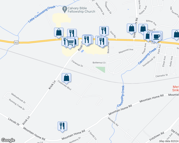 map of restaurants, bars, coffee shops, grocery stores, and more near 103 Caramist Circle in Sinking Spring
