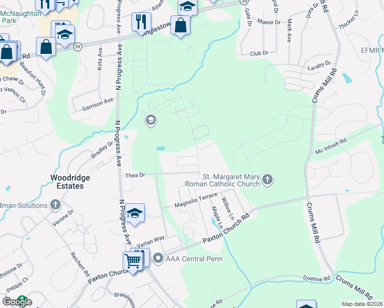 map of restaurants, bars, coffee shops, grocery stores, and more near 3935 Birchwood Circle in Harrisburg
