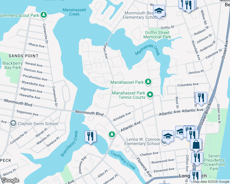 map of restaurants, bars, coffee shops, grocery stores, and more near 555 Patten Avenue in Long Branch
