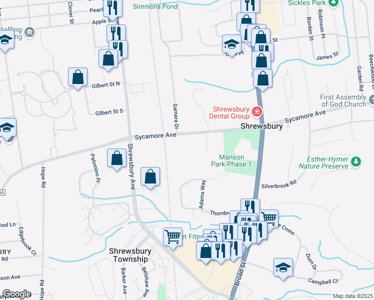 map of restaurants, bars, coffee shops, grocery stores, and more near 489 Sycamore Avenue in Shrewsbury