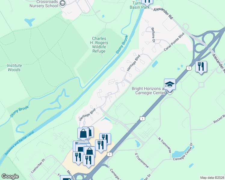 map of restaurants, bars, coffee shops, grocery stores, and more near 104 Heritage Boulevard in Princeton