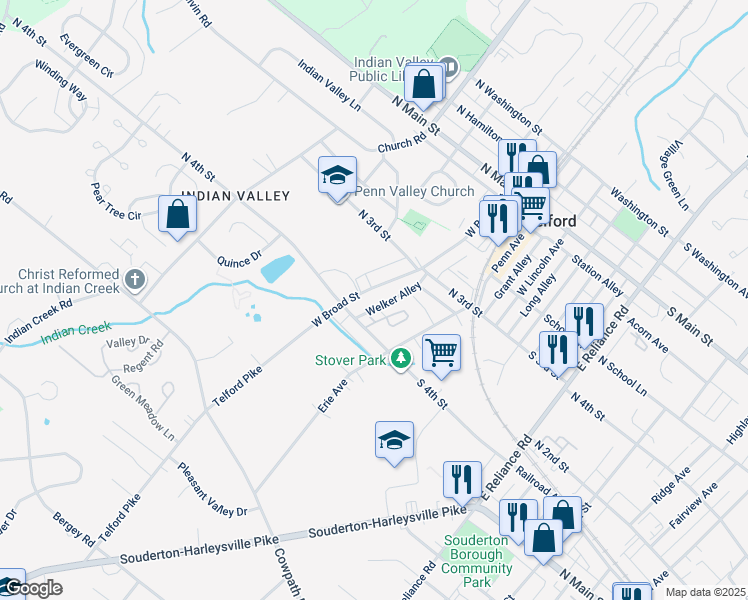 map of restaurants, bars, coffee shops, grocery stores, and more near 381 West Broad Street in Telford