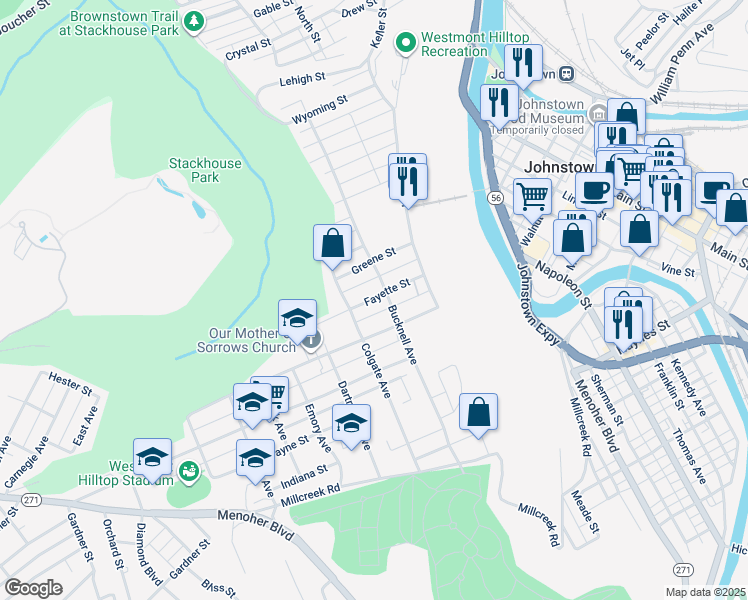 map of restaurants, bars, coffee shops, grocery stores, and more near 520 Bucknell Avenue in Johnstown