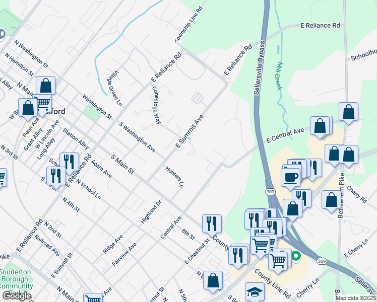 map of restaurants, bars, coffee shops, grocery stores, and more near 220 East Summit Avenue in Telford