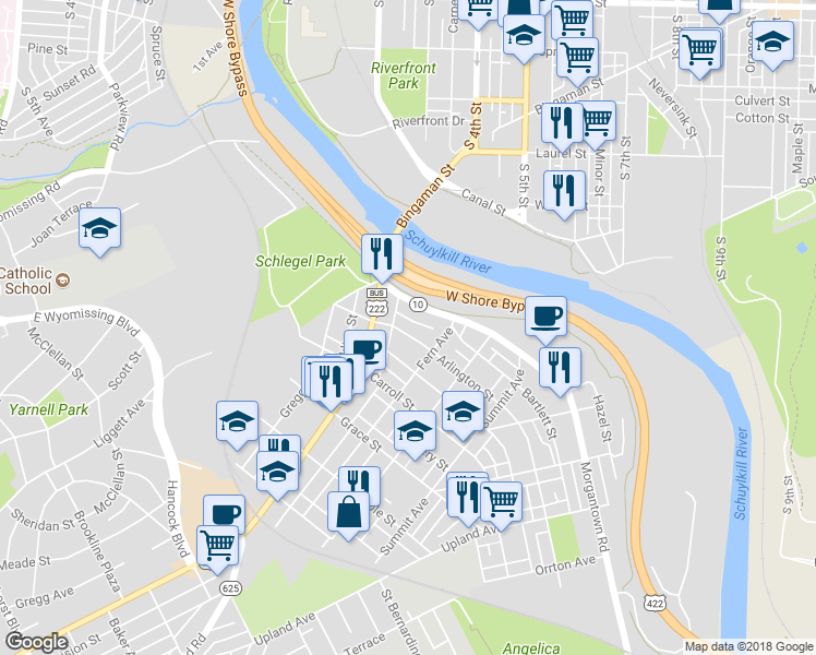 map of restaurants, bars, coffee shops, grocery stores, and more near 35 Arlington Street in Reading