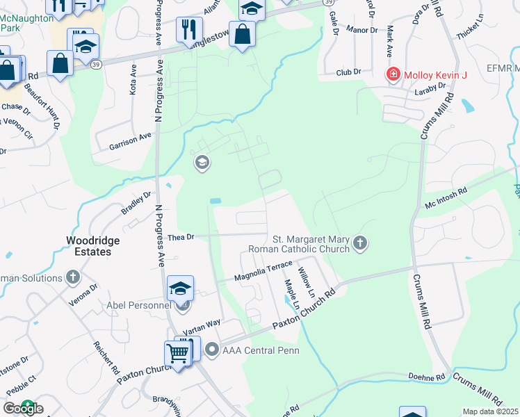map of restaurants, bars, coffee shops, grocery stores, and more near 3941 Birchwood Circle in Harrisburg