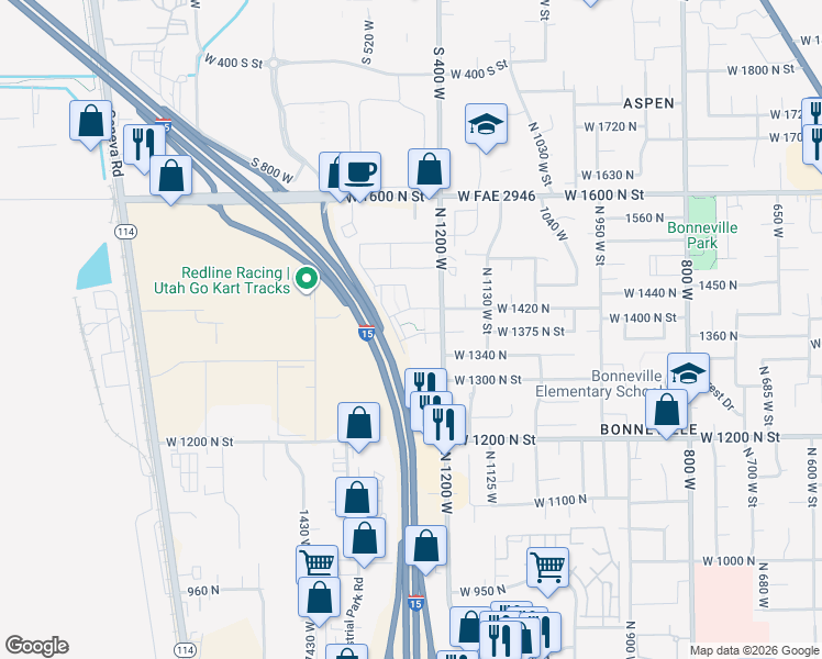 map of restaurants, bars, coffee shops, grocery stores, and more near 1402 North 1300 West in Orem