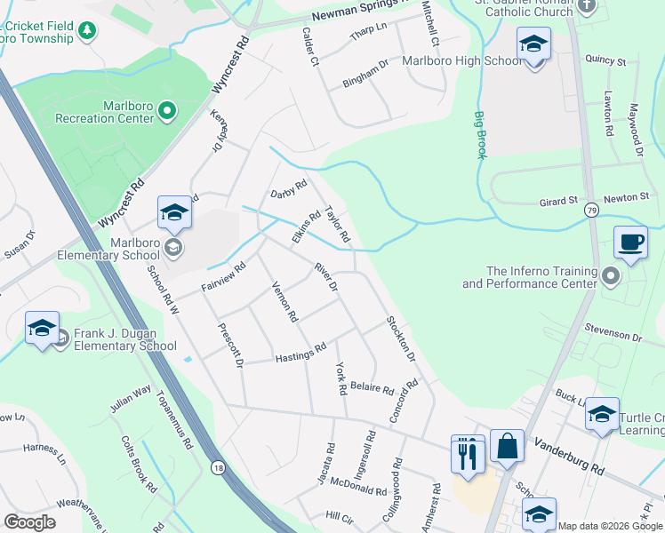 map of restaurants, bars, coffee shops, grocery stores, and more near 36 River Drive in Marlboro
