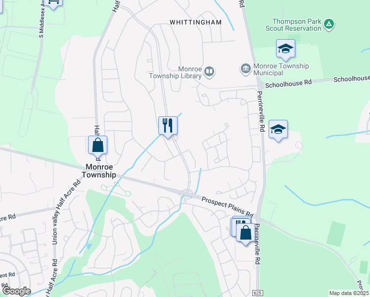 map of restaurants, bars, coffee shops, grocery stores, and more near 5 Chandler Court in Monroe Township
