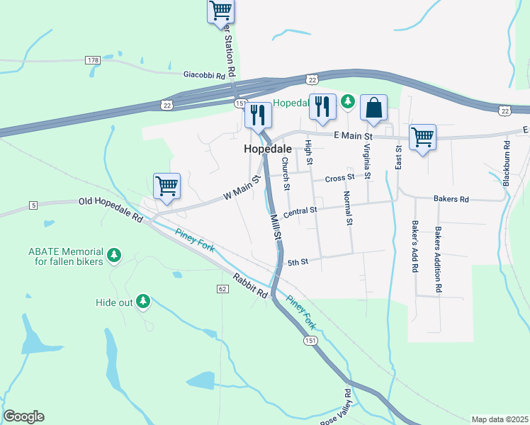 map of restaurants, bars, coffee shops, grocery stores, and more near 189-193 Mill Street in Hopedale